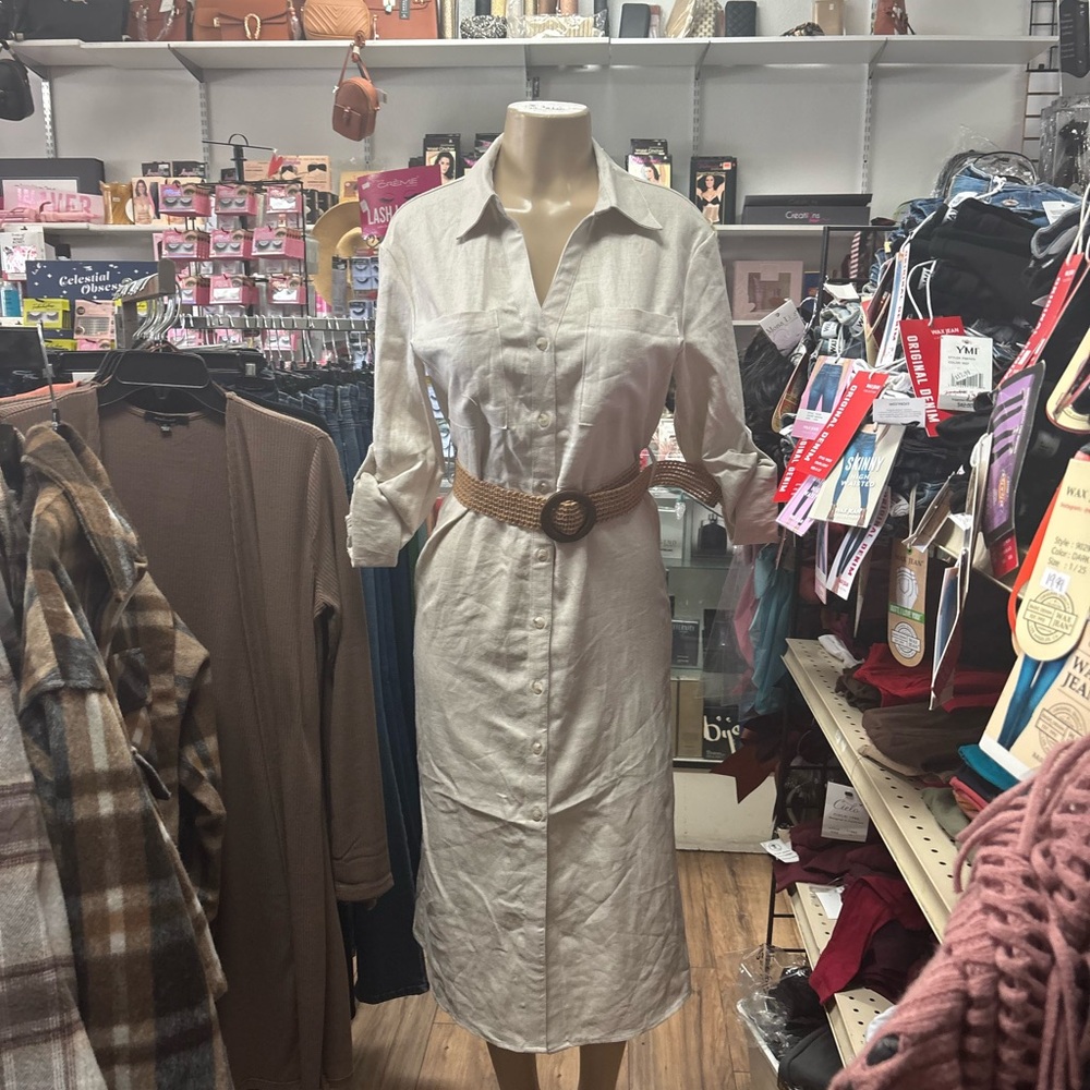 Ash Beige Belted Midi Dress